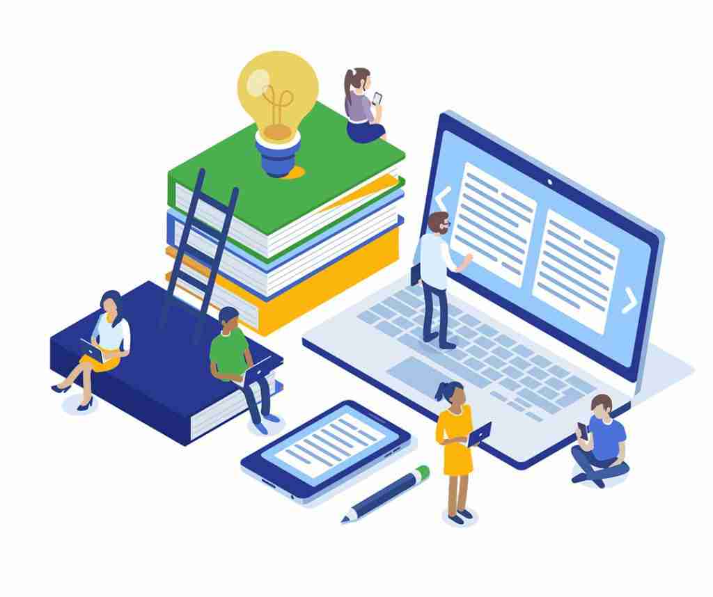 People learning on computer, tablet and book