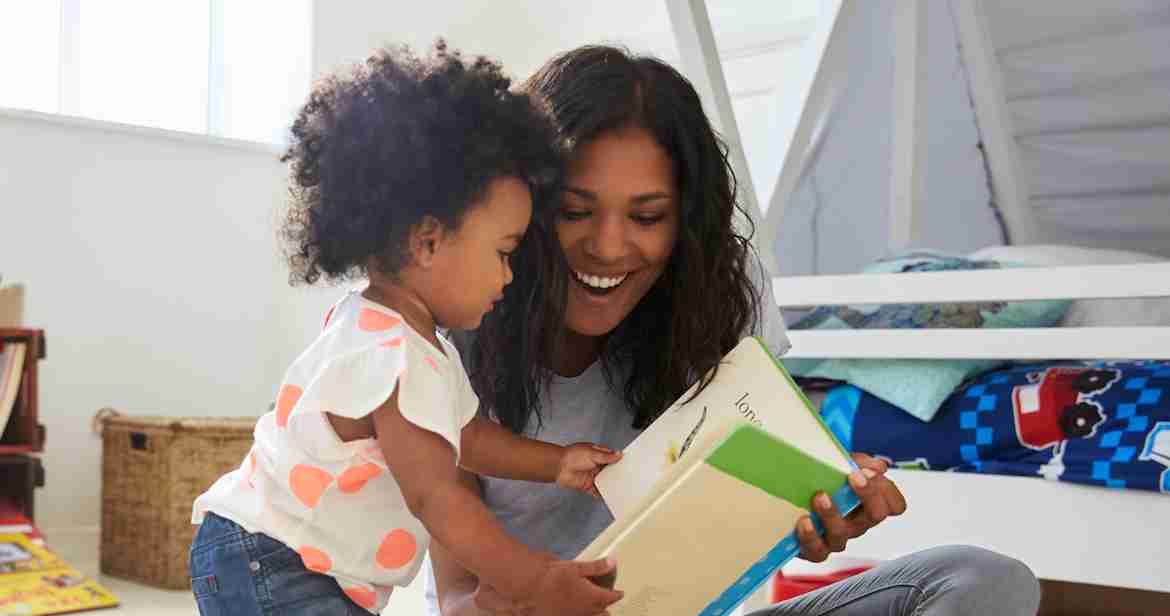 mom and child practicing executive function at story time